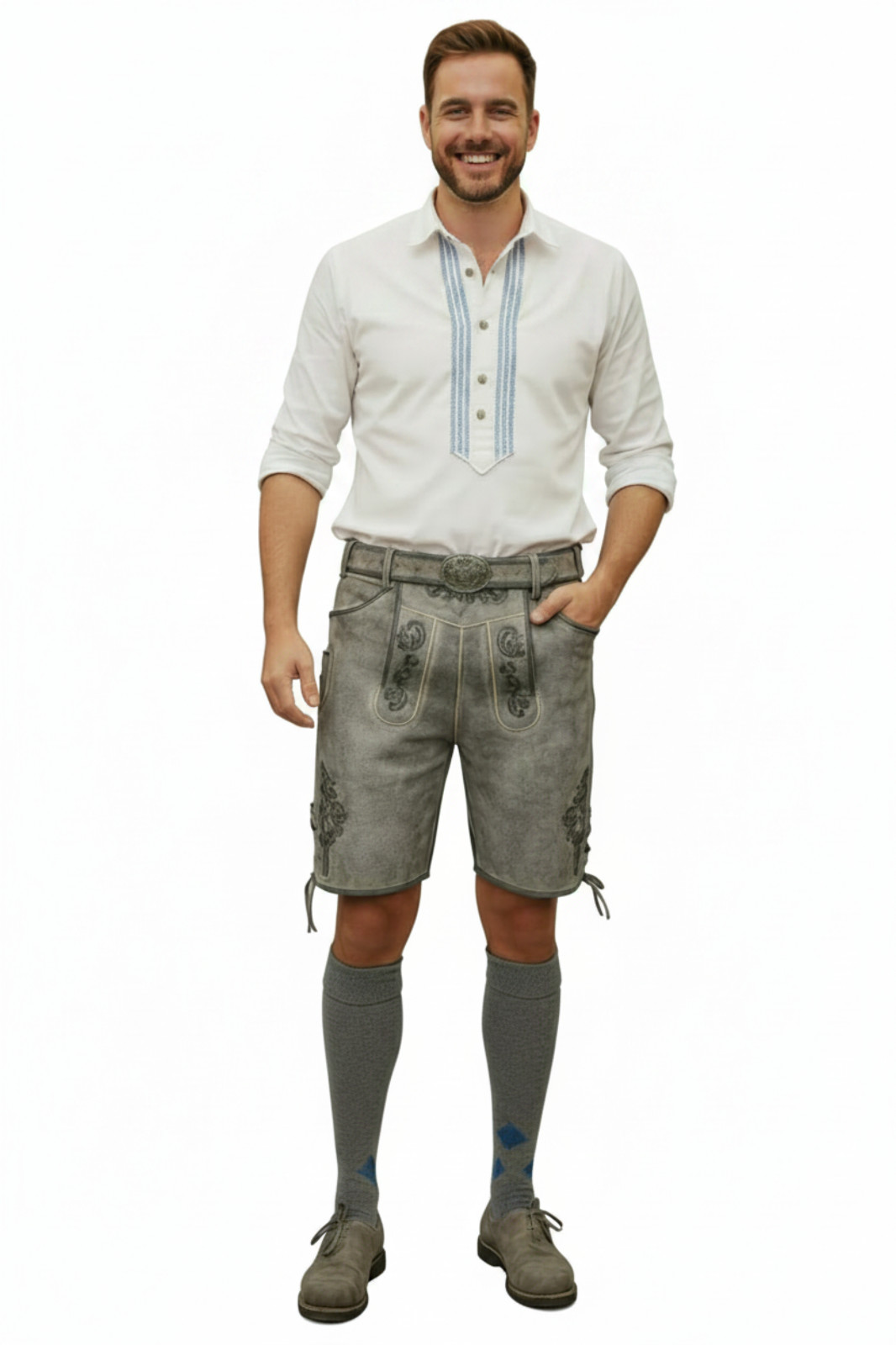 Lederhosen Men Octorberfest Real Suede Leather Antique Stone Grey