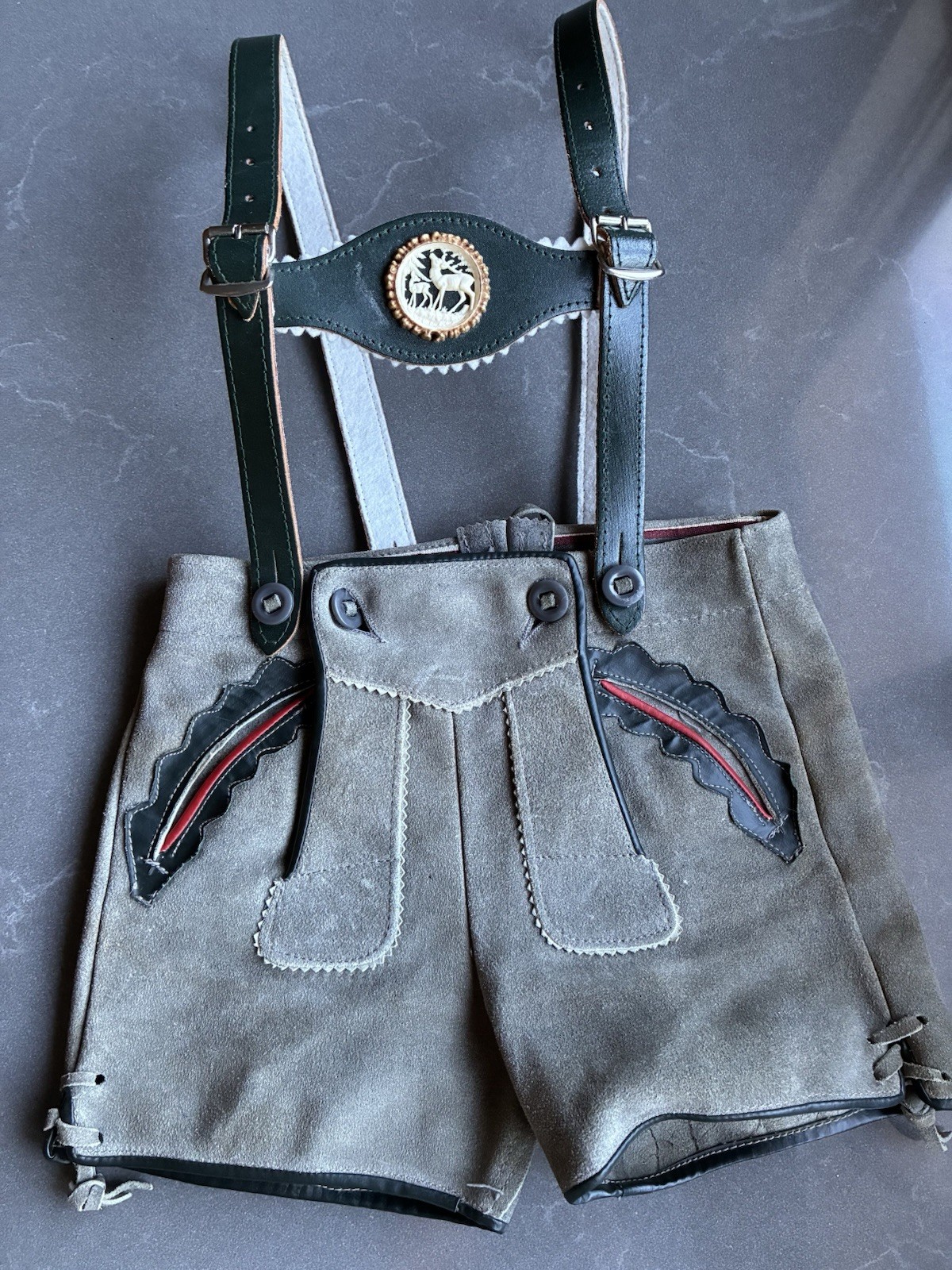 Vintage Lederhosen Authentic Suede Leather German Shorts Boys / Child SM 22″
