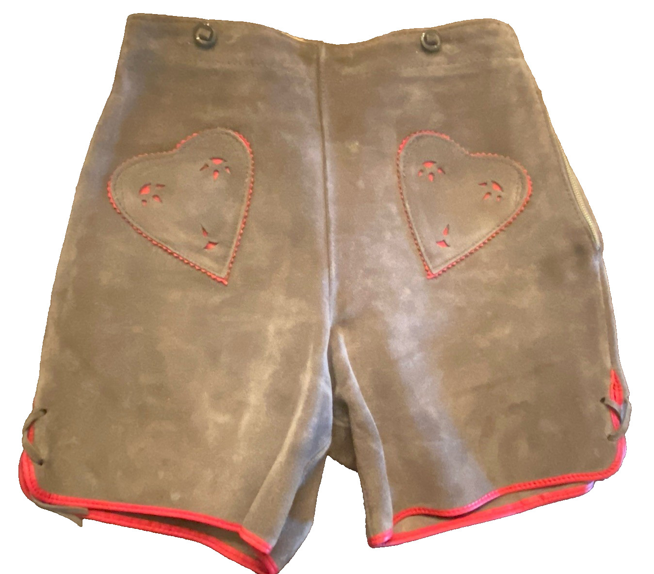 Vintage Suede Shorts Bavarian Lederhosen 13 inch Waist Heart Pockets Hot Buns