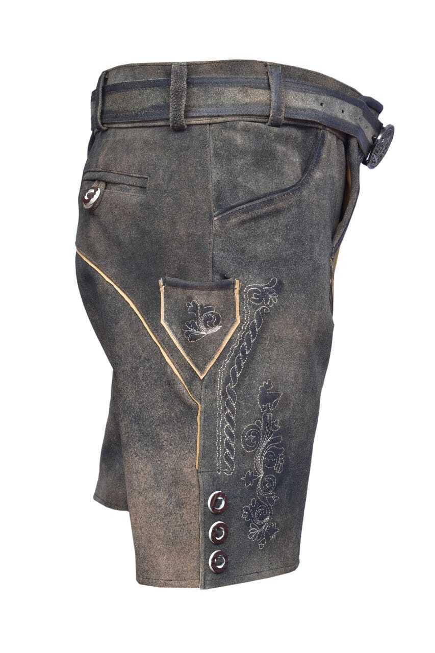 Short Lederhosen Men’s Lorenz Costume Pants with Belt Antique Dark Gray Brown