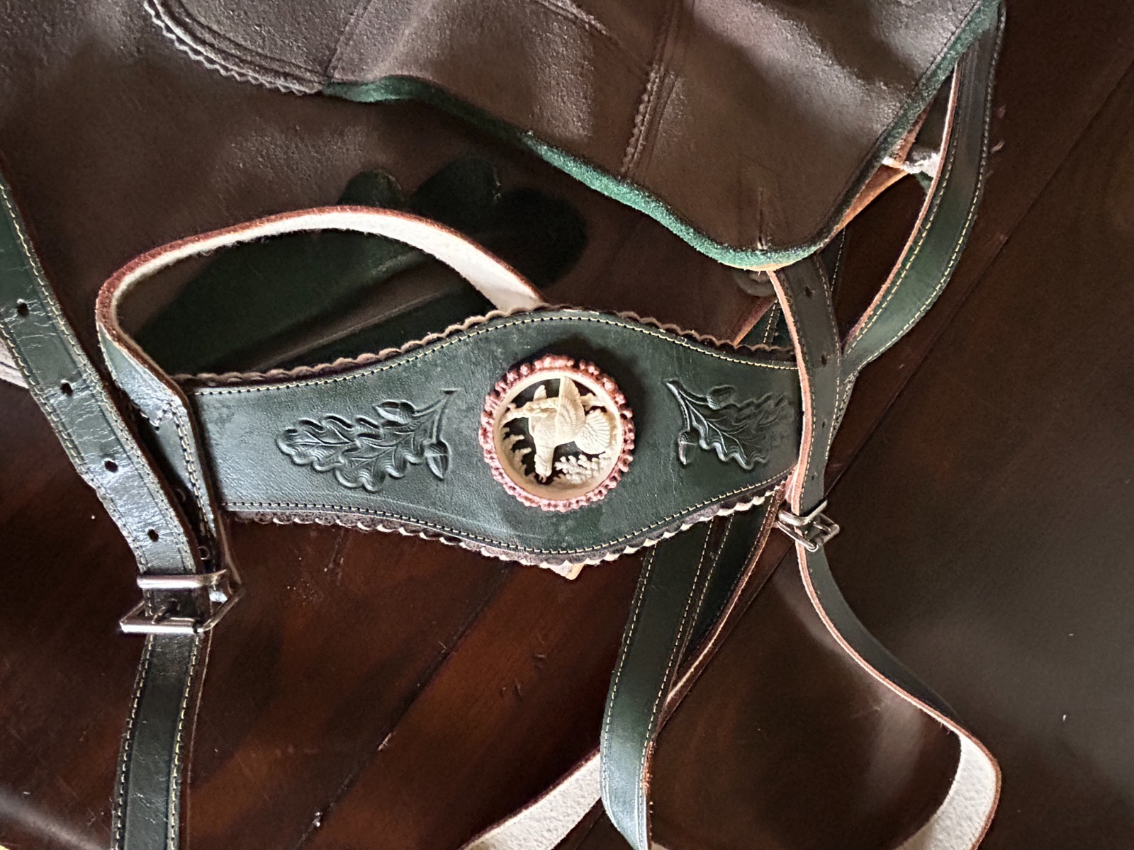 Vintage Leather Lederhosen Tooled Suspenders Carved Medallion 32 in Adult Waist