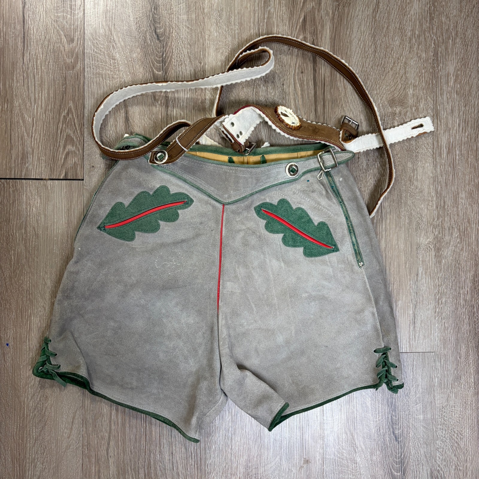 VTG German Bavarian Lederhosen Gray Leather Traditional Oktoberfest Youth