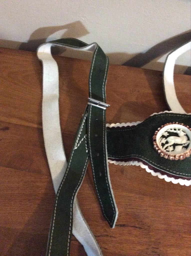 Vintage Leather Lederhosen with Suspenders. Octoberfest Deer Emblem