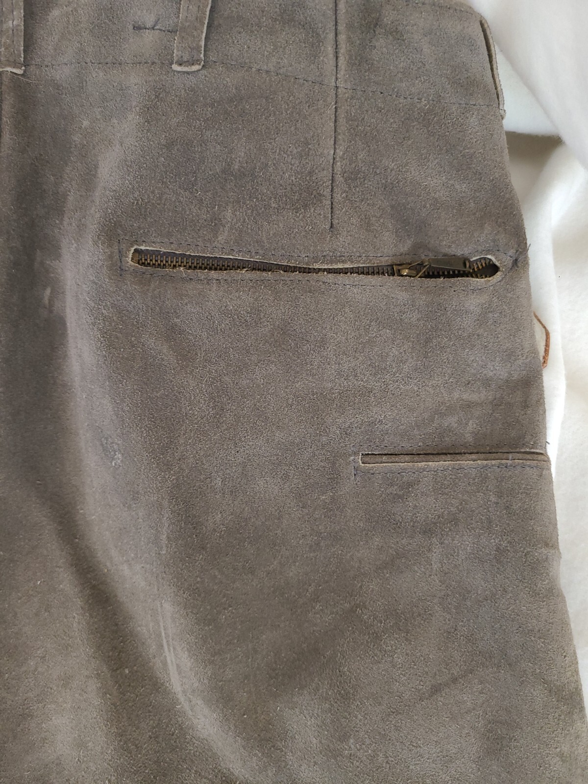 Vintage Lederhosen gray-brown color suede leather, green accent
