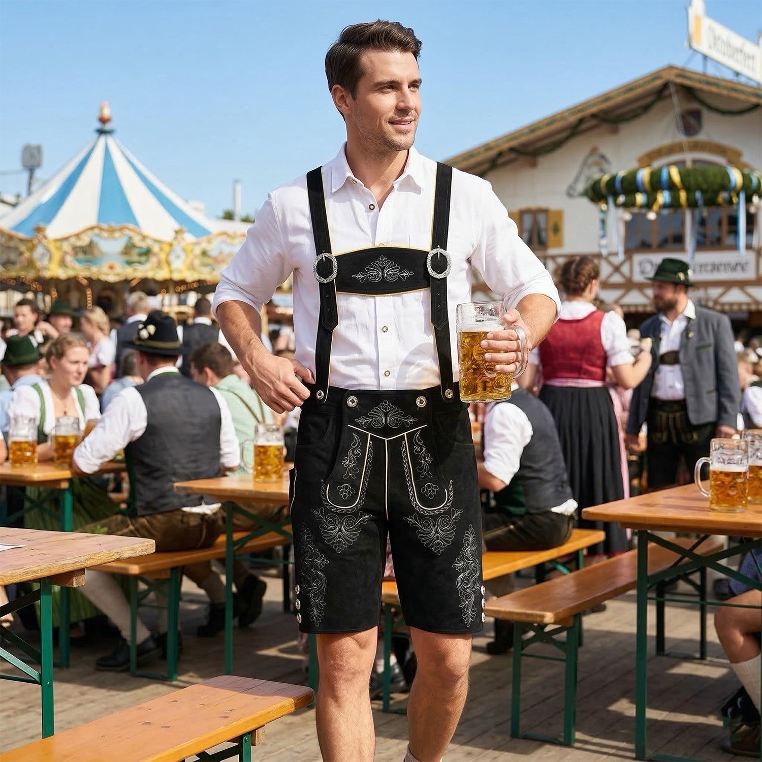 Men Traditional Leather Oktoberfest Lederhosen (Brown, Black, Gold, Med Brown)