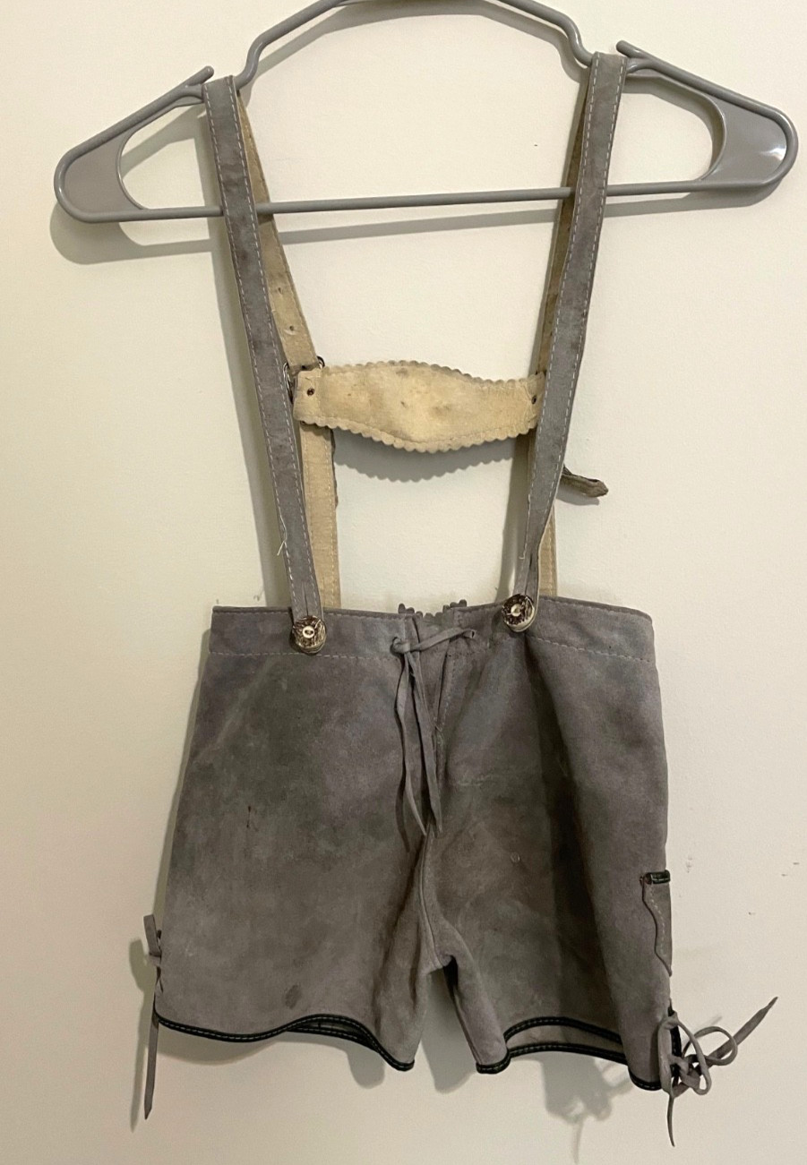 Vintage Kids Leather Lederhosen Bavarian Suspenders Gray