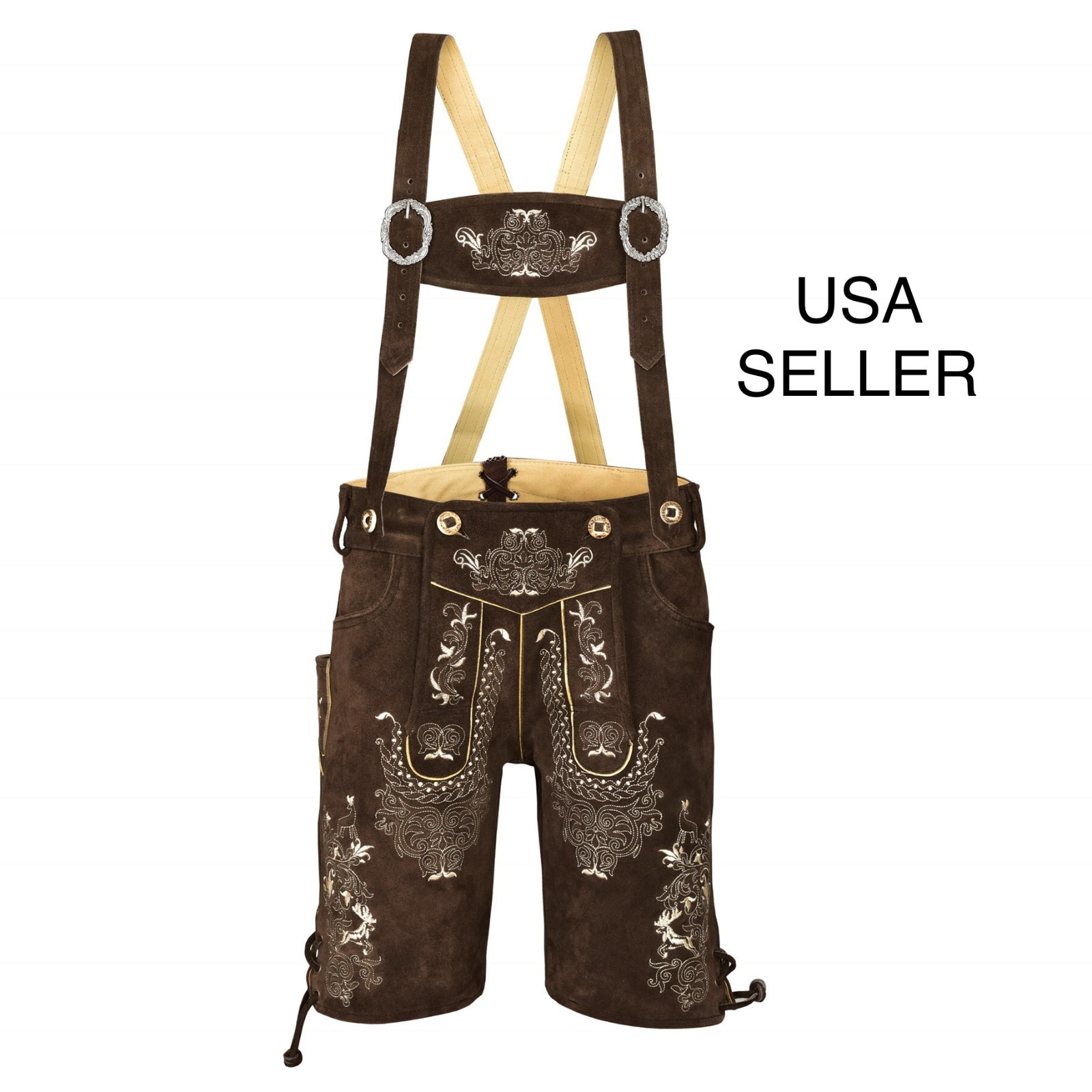 Men Traditional Leather Oktoberfest Lederhosen (Brown, Black, Gold, Med Brown)