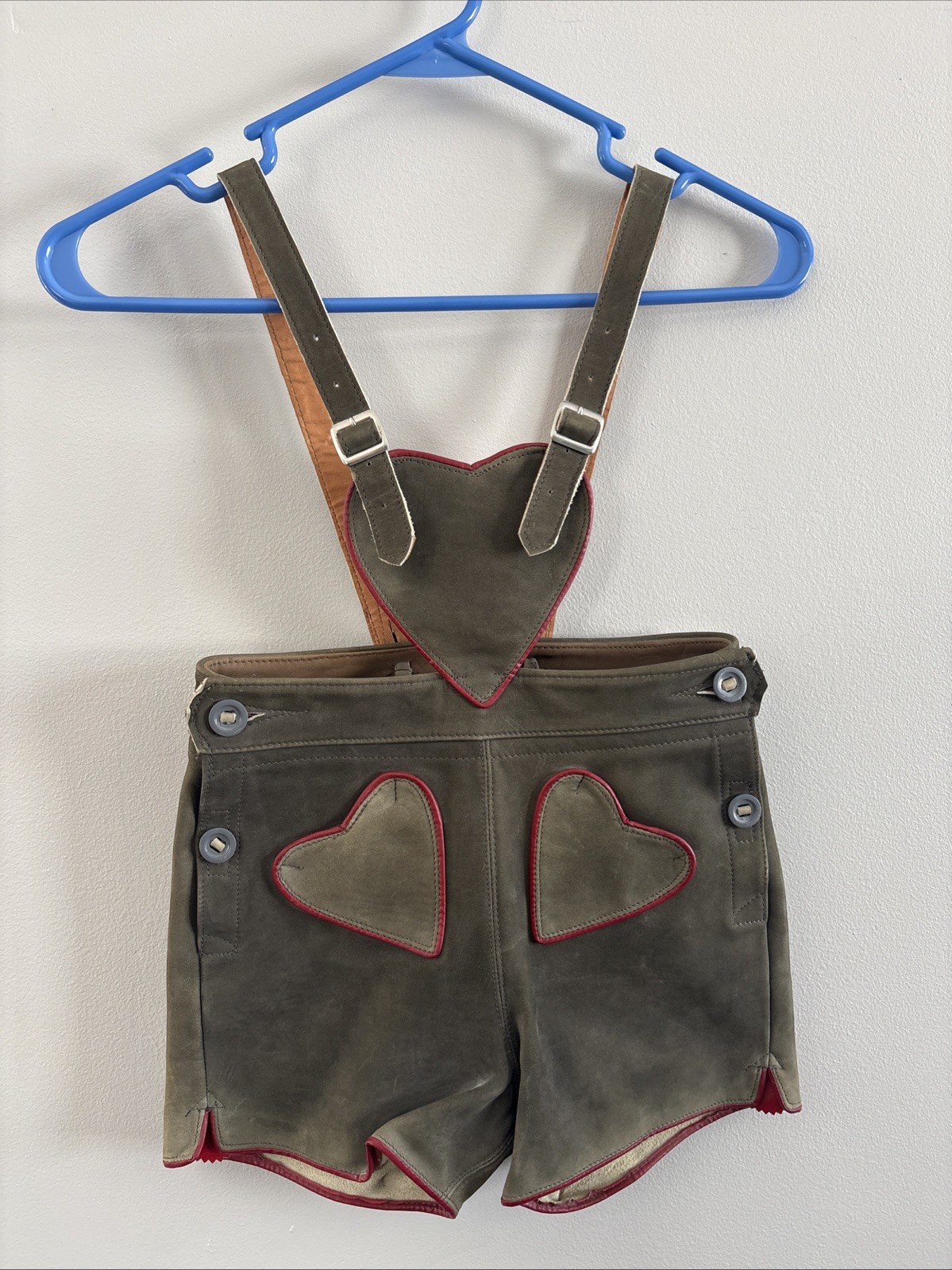 Vintage Lederhosen Childrens Kids Green Suede Heart Leather Shorts Suspender 22”