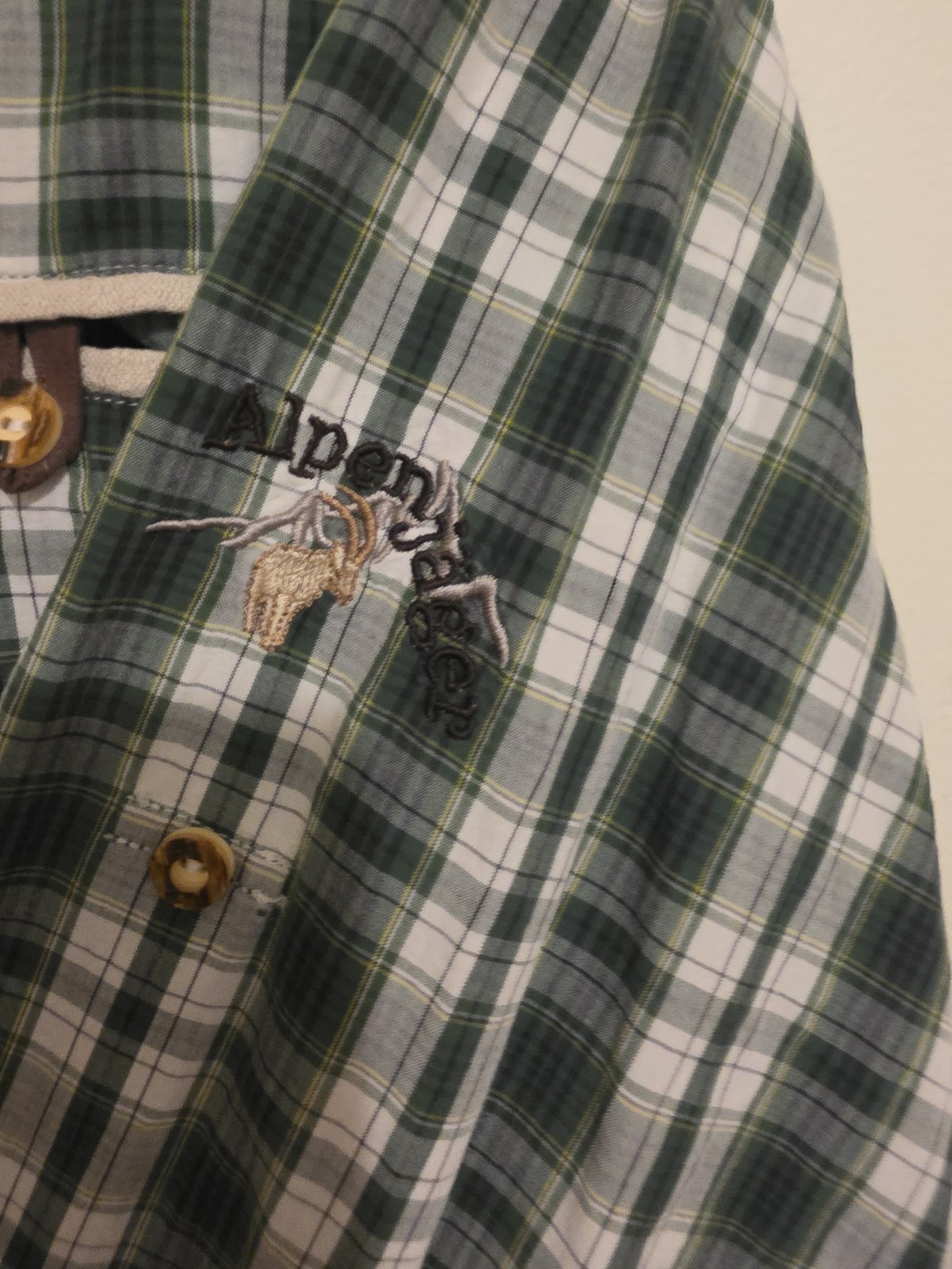 OS Trachten Alpenjäger Bavarian Shirt Green Plaid Mountain Patches Oktoberfest M