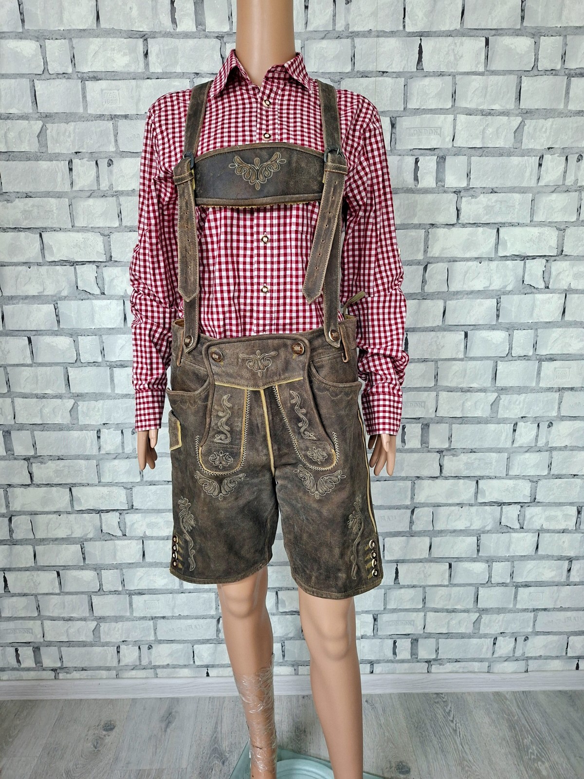 Almsach brown Leather Lederhosen M 48 Oktoberfest trachten Bavarian alpine Short