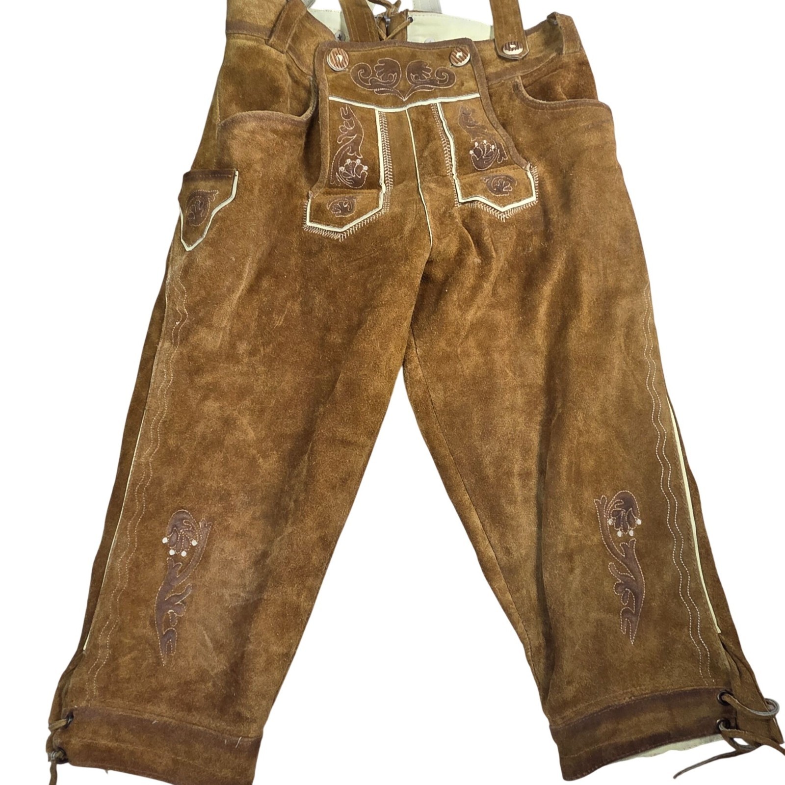 Vintage German Lederhosen With Embroidered Detailing & Suspenders