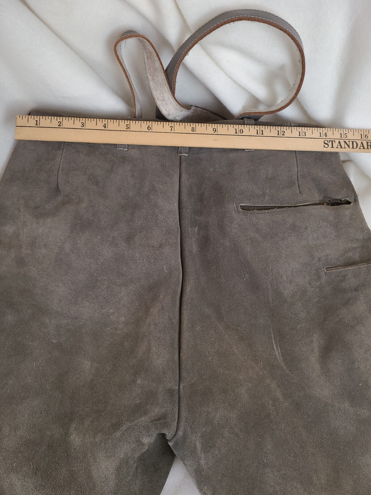 Vintage Lederhosen gray-brown color suede leather, green accent