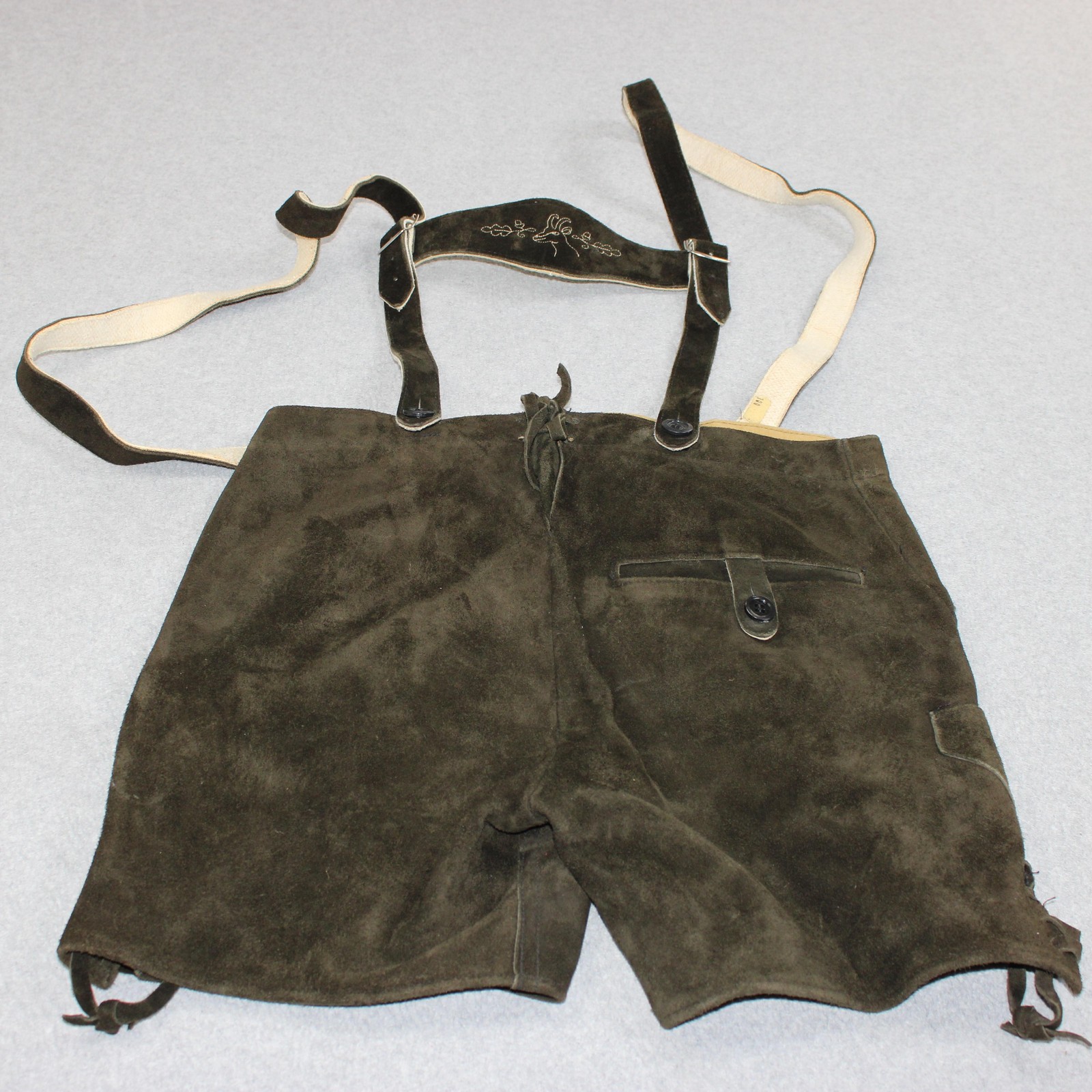 Vintage Lederhosen Men 34 Brown Suede Leather Embroidered Oktoberfest Deer Retro
