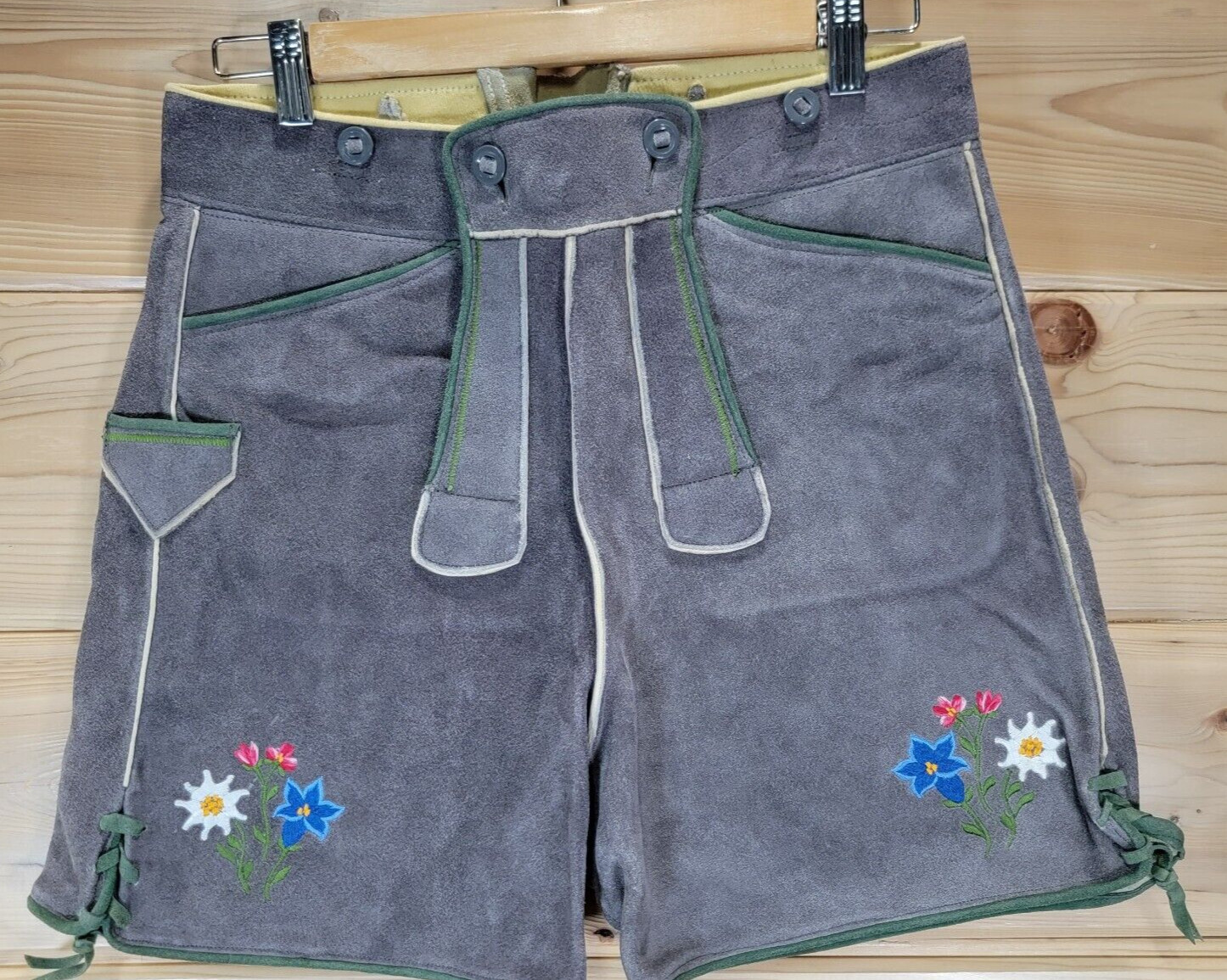 VTG Lederhosen Unisex Shorts Gray Flowers Genuine Leather Oktoberfest 30×16