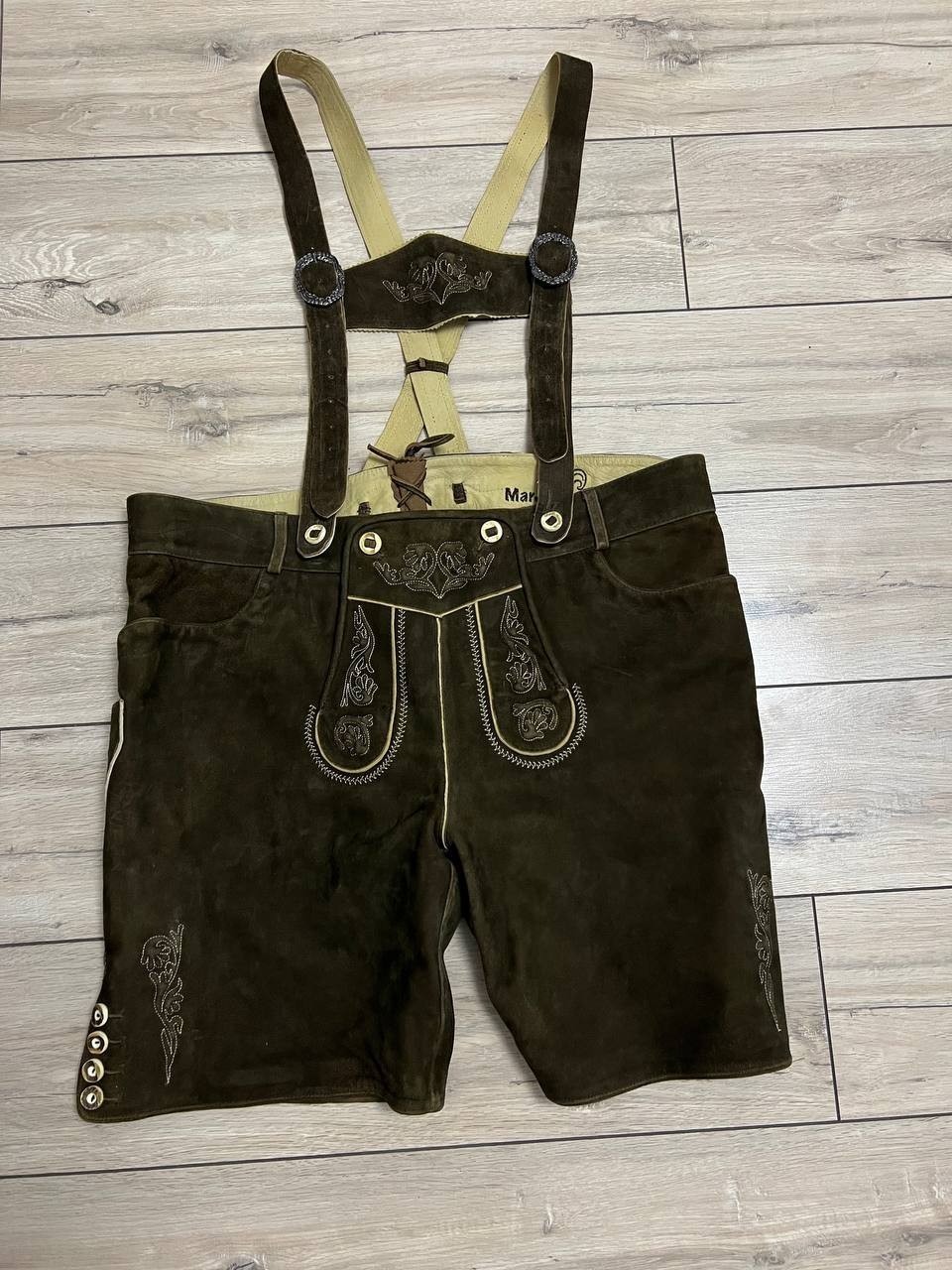 Men’s Marjo Bavarian Oktoberfest Lederhosen bib Shorts Leather sz 64 44×10