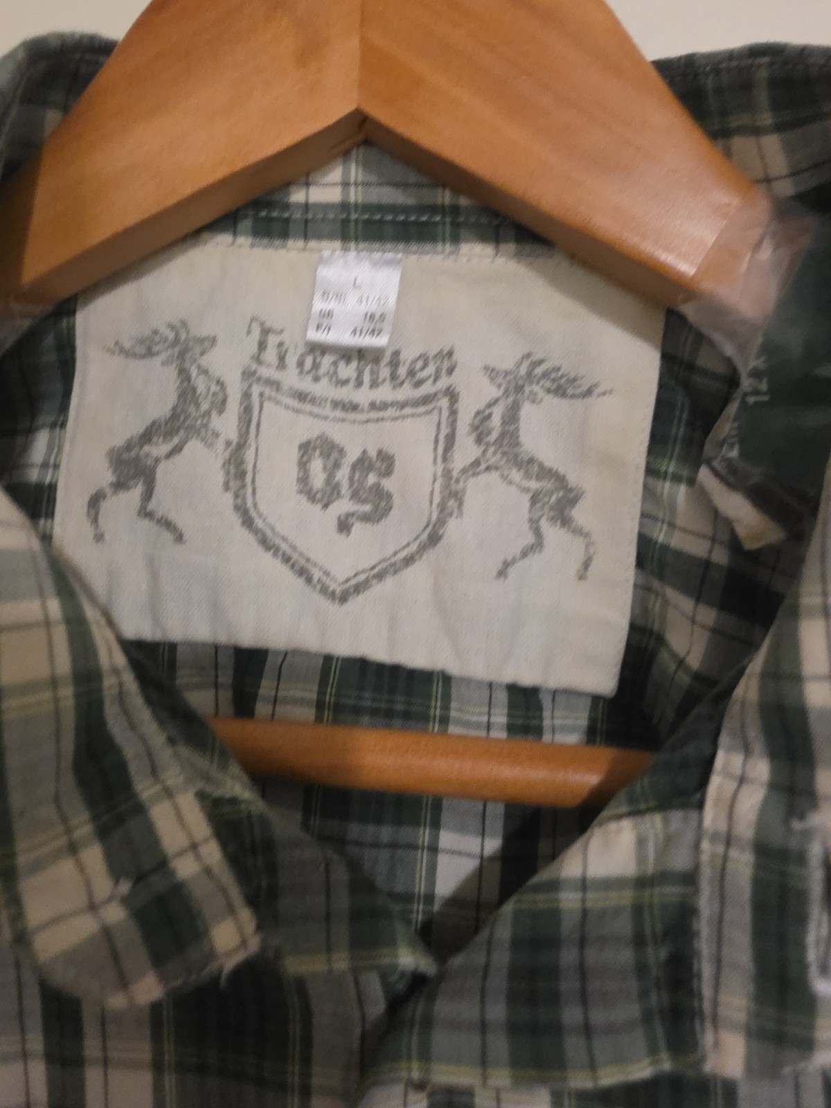 OS Trachten Alpenjäger Bavarian Shirt Green Plaid Mountain Patches Oktoberfest M