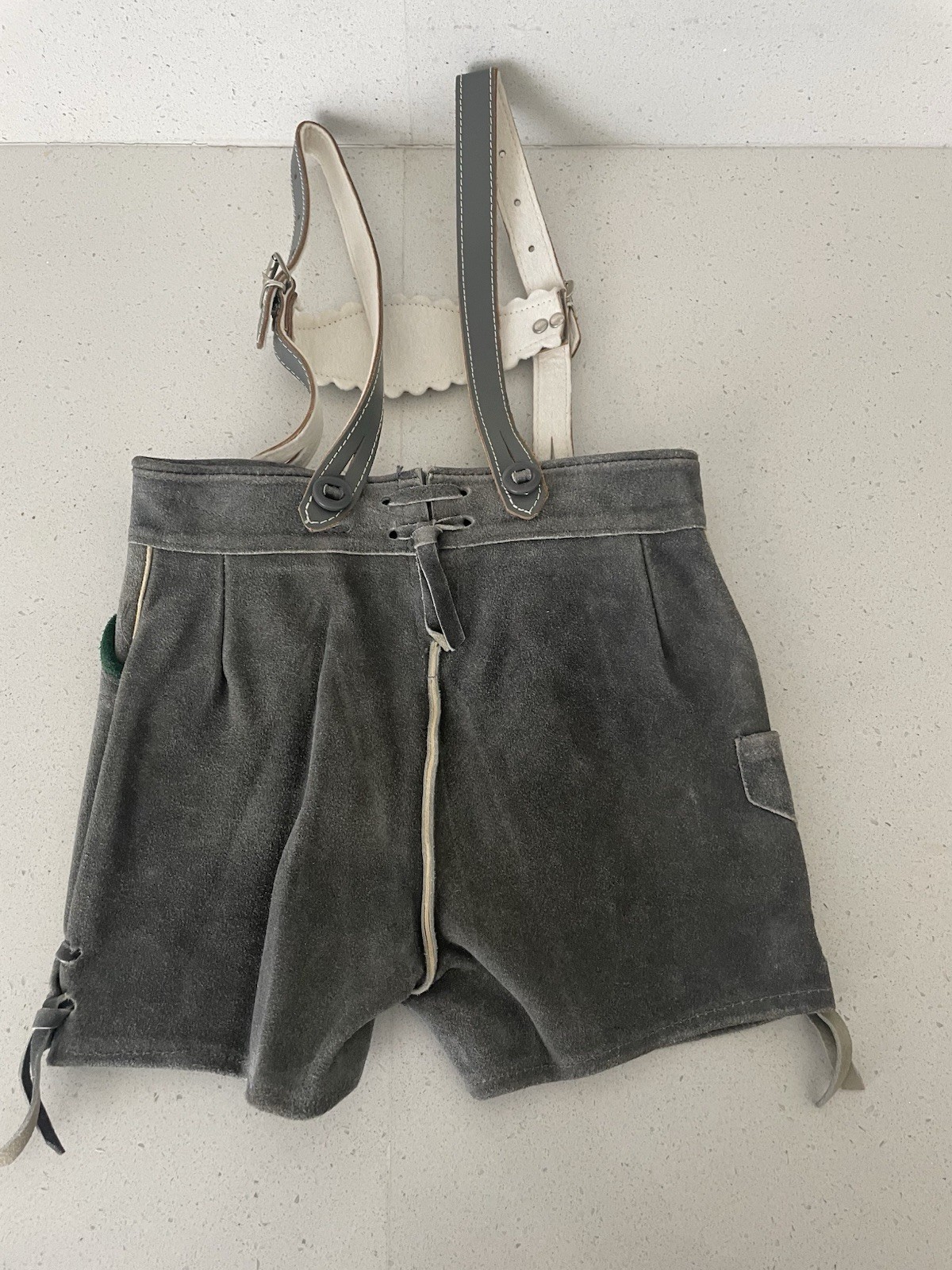 Vintage Authentic Child Lederhosen Suede Shorts With Bib Suspenders 21”Waist