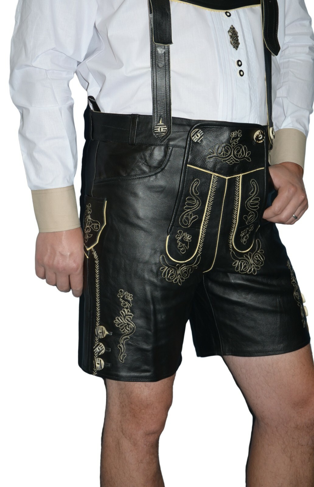 Black German Men LEATHER LEDERHOSEN Oktoberfest Shorts Pants Bavarian / 2 Pc SET