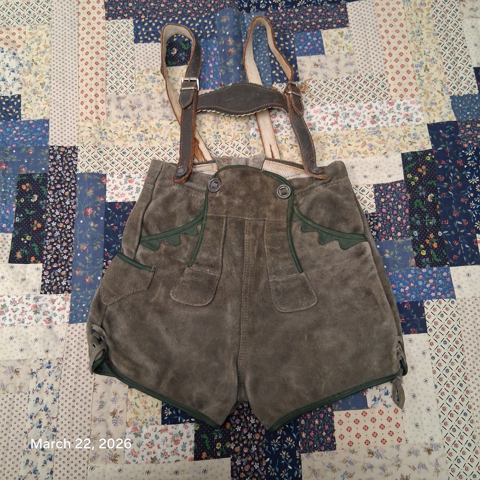 Vintage Childrens German Lederhosen Gray Suede Leather Grouse Breastplate