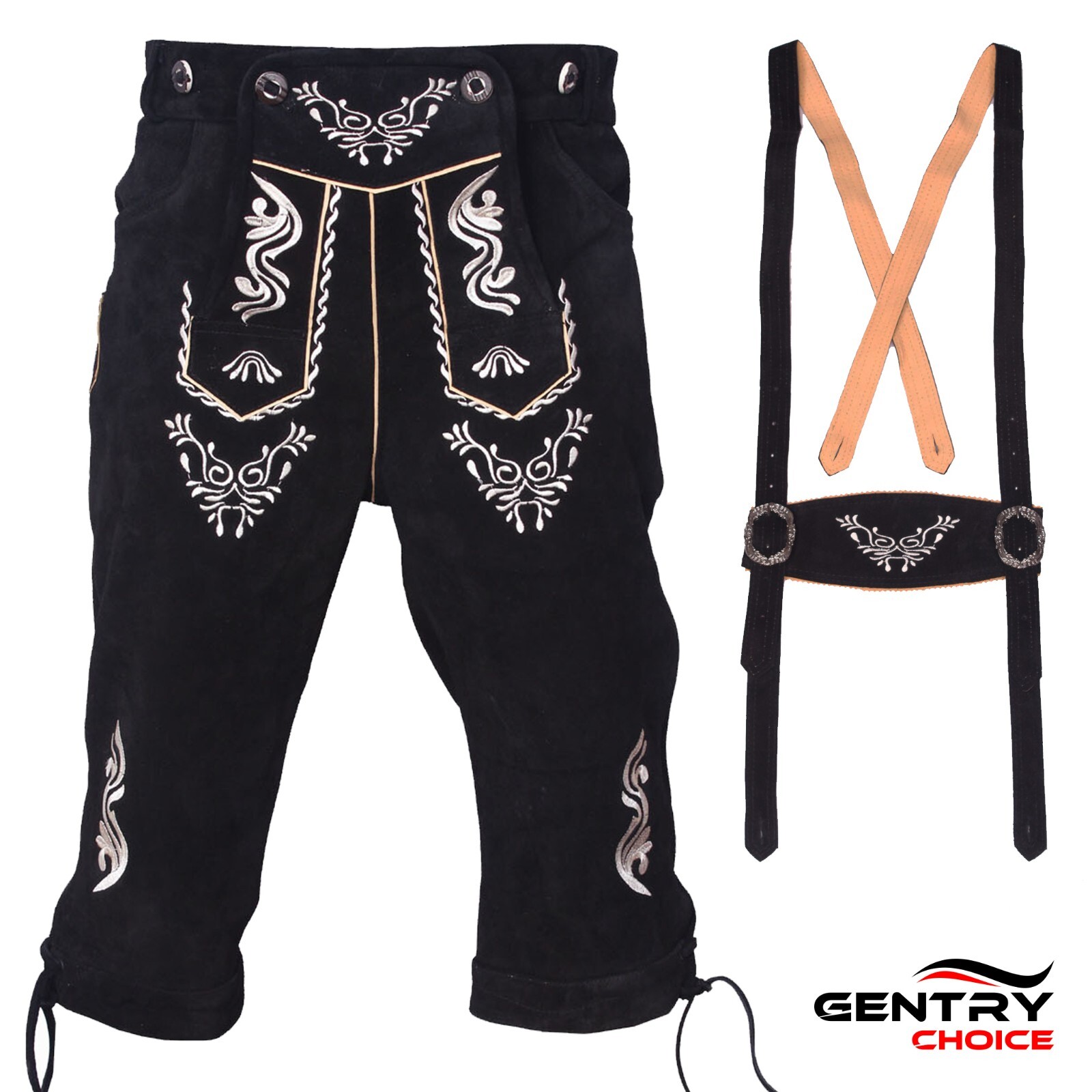 Leather Lederhosen Black Kniebundhosen Trachten German Mens Oktoberfest Costume