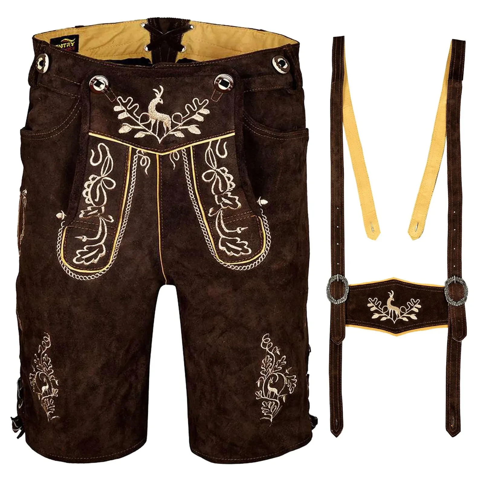 Men’s German Lederhosen Oktoberfest Outfit Brown Suede Embroidered Shorts