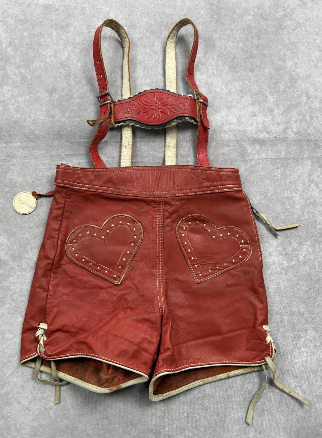 VTG German Red Leather Girls Lederhosen Ortlepp Heart Oktoberfest Bavarian
