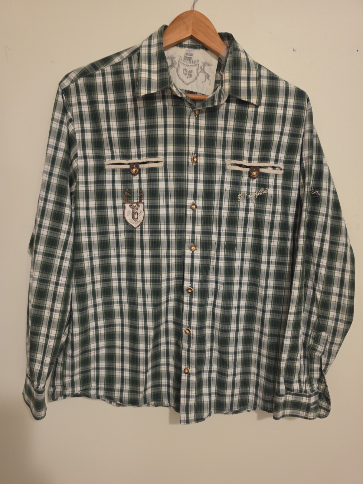 OS Trachten Alpenjäger Bavarian Shirt Green Plaid Mountain Patches Oktoberfest M