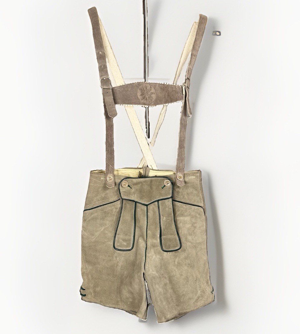 VTG Gray Suede Lederhosen Oktoberfest German Bavarian Suspender Shorts 26″ Waist