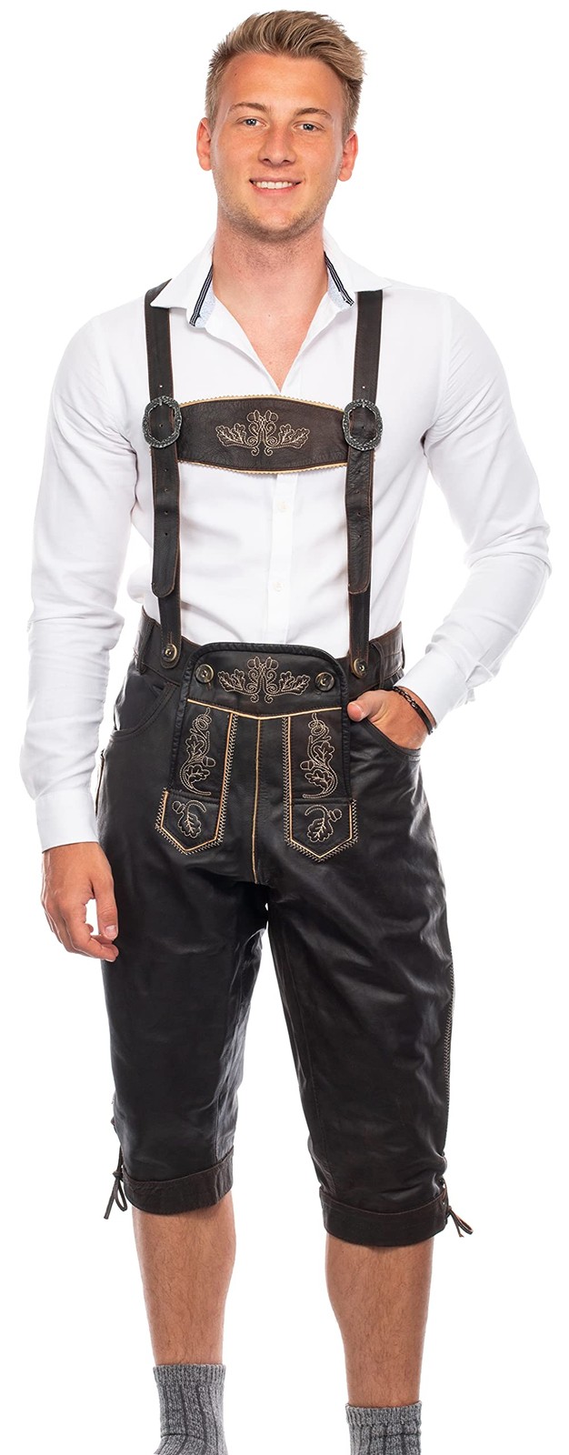 Traditional Lederhosen Men’s CapriLength Dark Brown – Size 50 – Oktoberfest