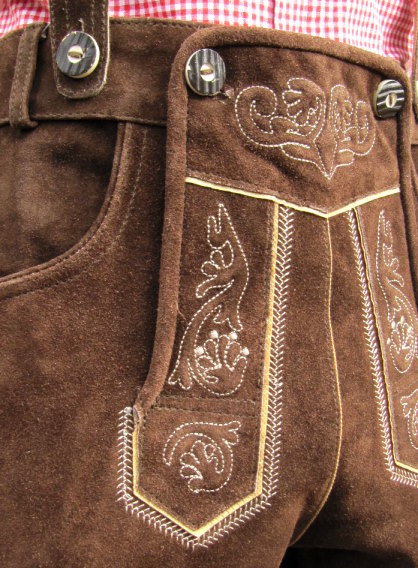 HIRSCHBERGER Trachten Lederhose Kniebund braun Gr. 46 – 72 Wildleder mit Träger