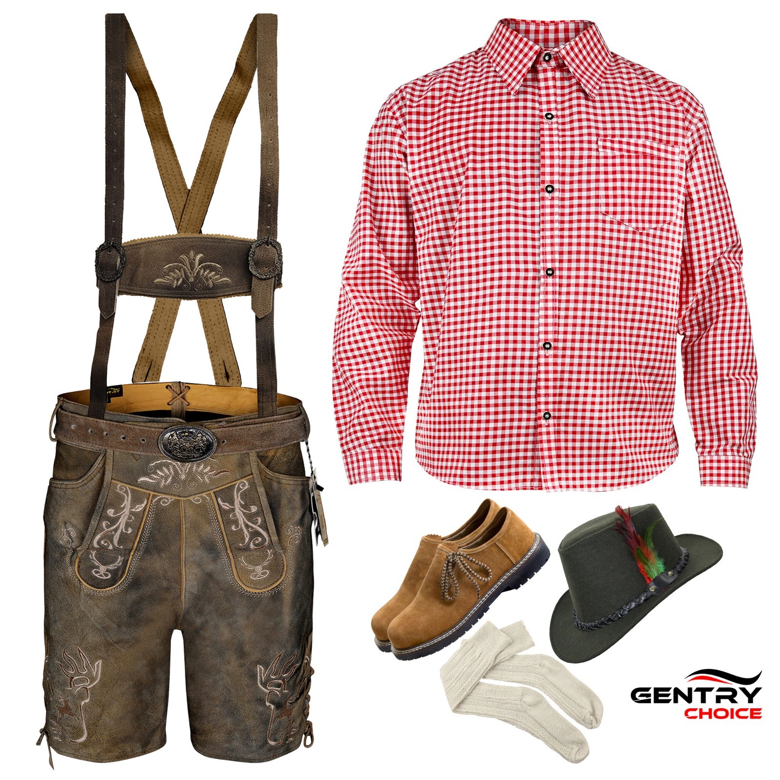 Complete Mens Lederhosen Outfit Oktoberfest Shirt Hat Socks Shoes Costume Set
