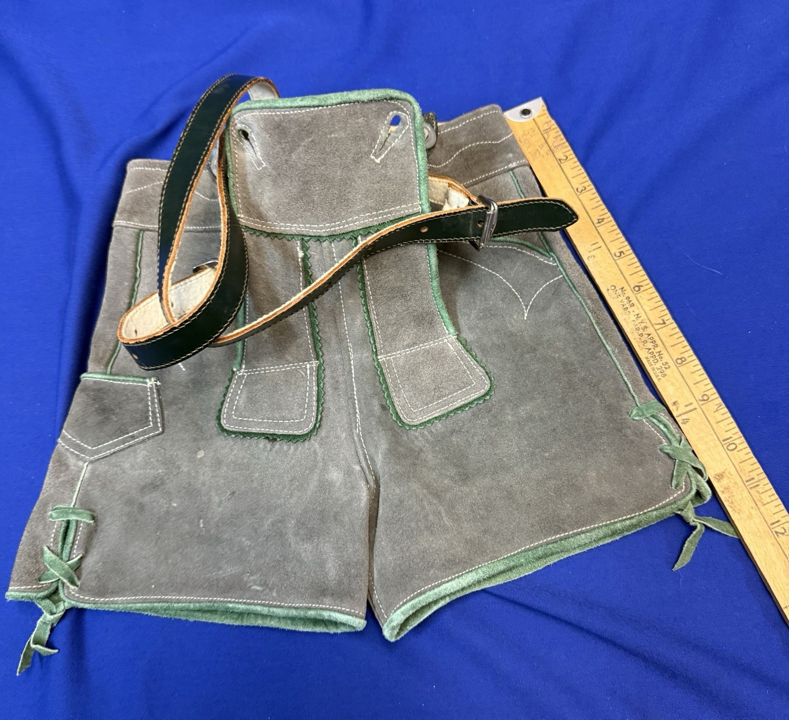 Vintage German Suede Lederhosen Shorts w/ Suspenders Green Trim Bavarian Alps