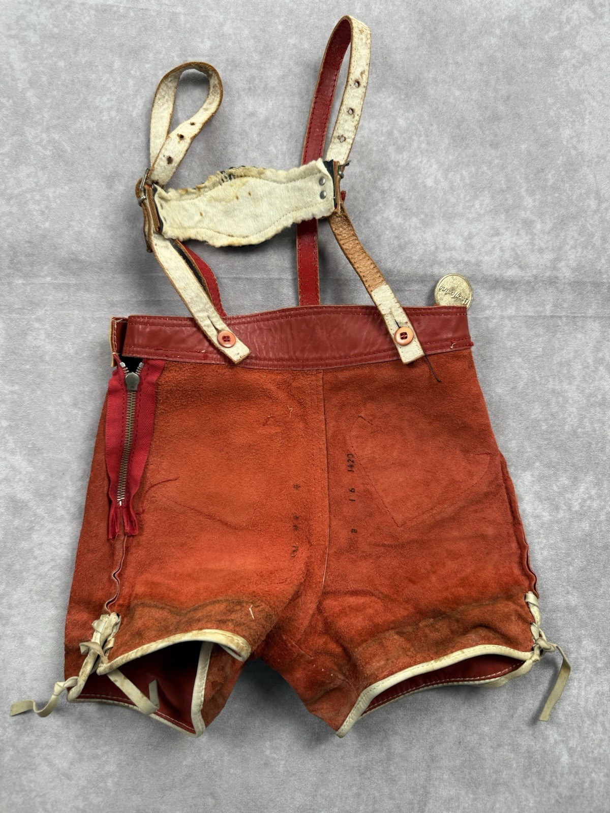 VTG German Red Leather Girls Lederhosen Ortlepp Heart Oktoberfest Bavarian