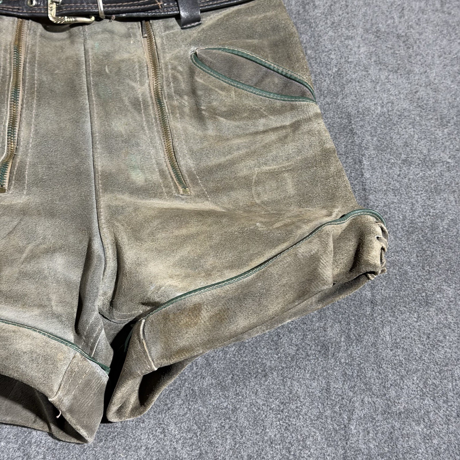 Vintage German Lederhosen Suede Leather Shorts 30 Waist Alpine Drop Front Green