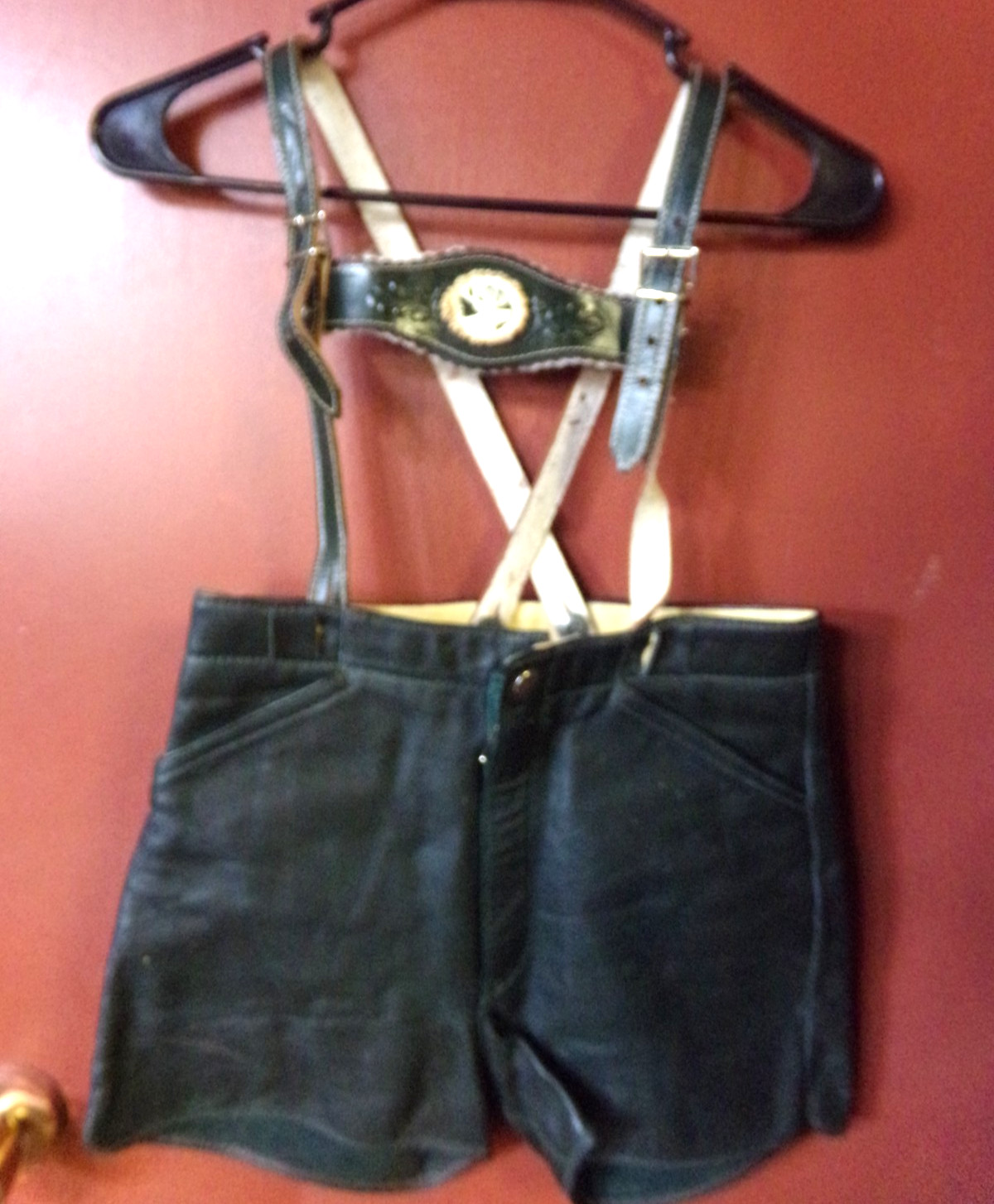 Kids Dark Green Leather Lederhosen Shorts with Suspenders Antler Emblem