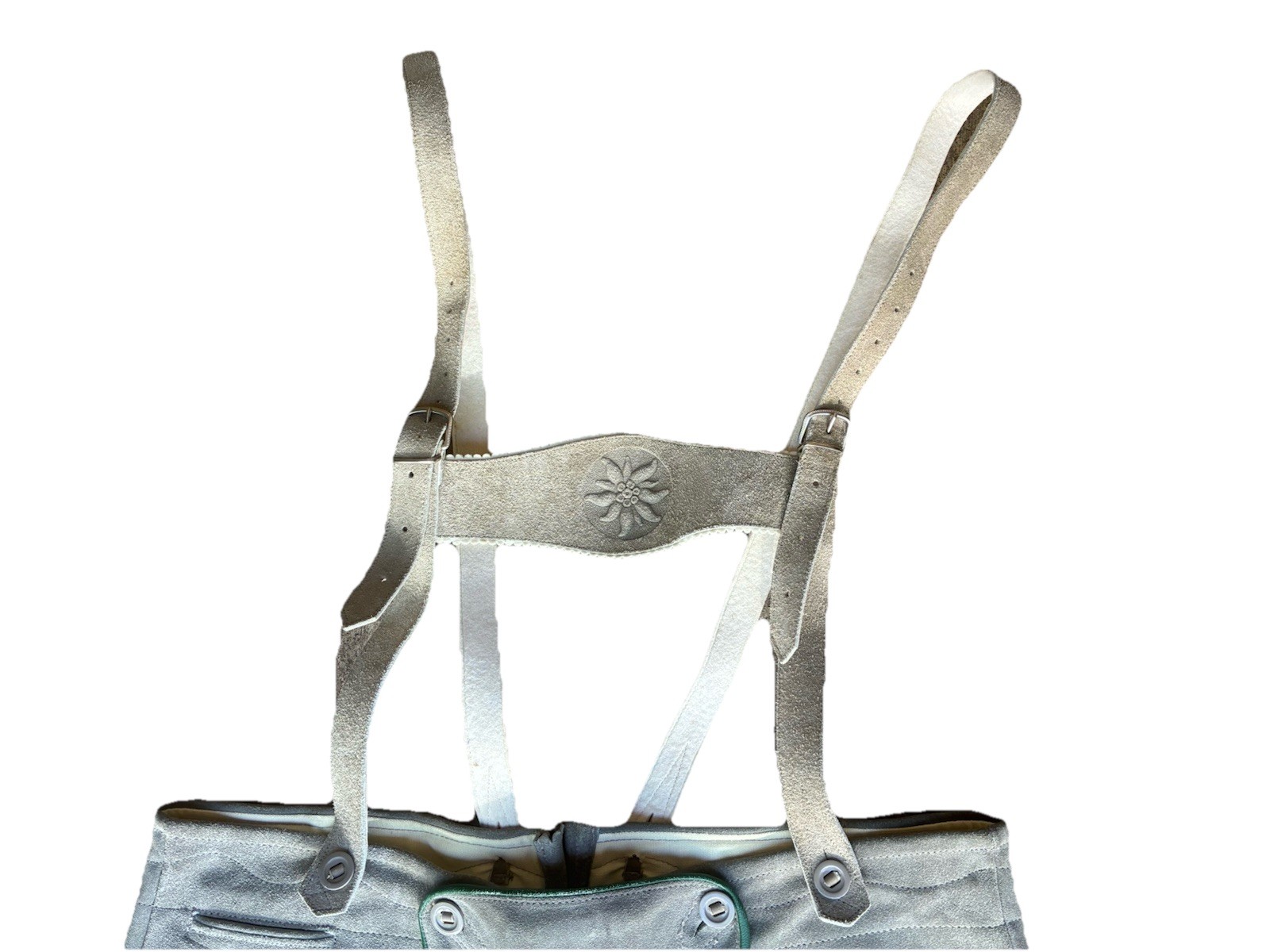 Vintage Lederhosen Men’s Leather Shorts 50 (39 Waist) XL Gray Suede Suspenders