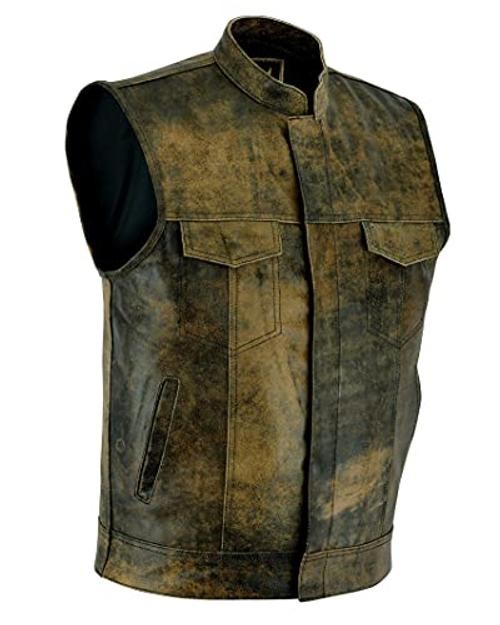 Mens Leather Motorcycle Vest | SOA Club Style Biker Vest Small Distress Brown