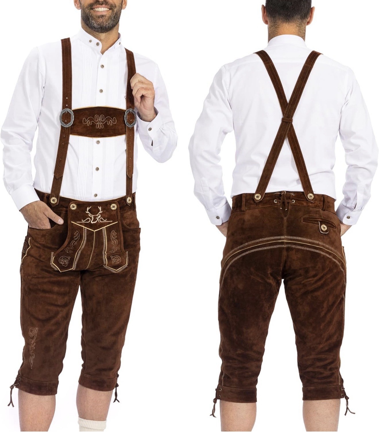 Lederhosen men leather Authentic German Octoberfest Outfit Short Kneebound Brown