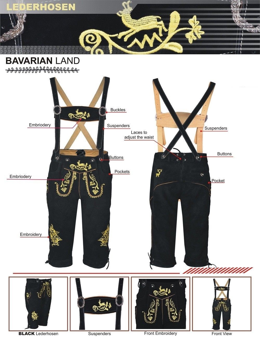German Oktoberfest Long Bavarian Lederhosen Real Leather Matching Suspenders New