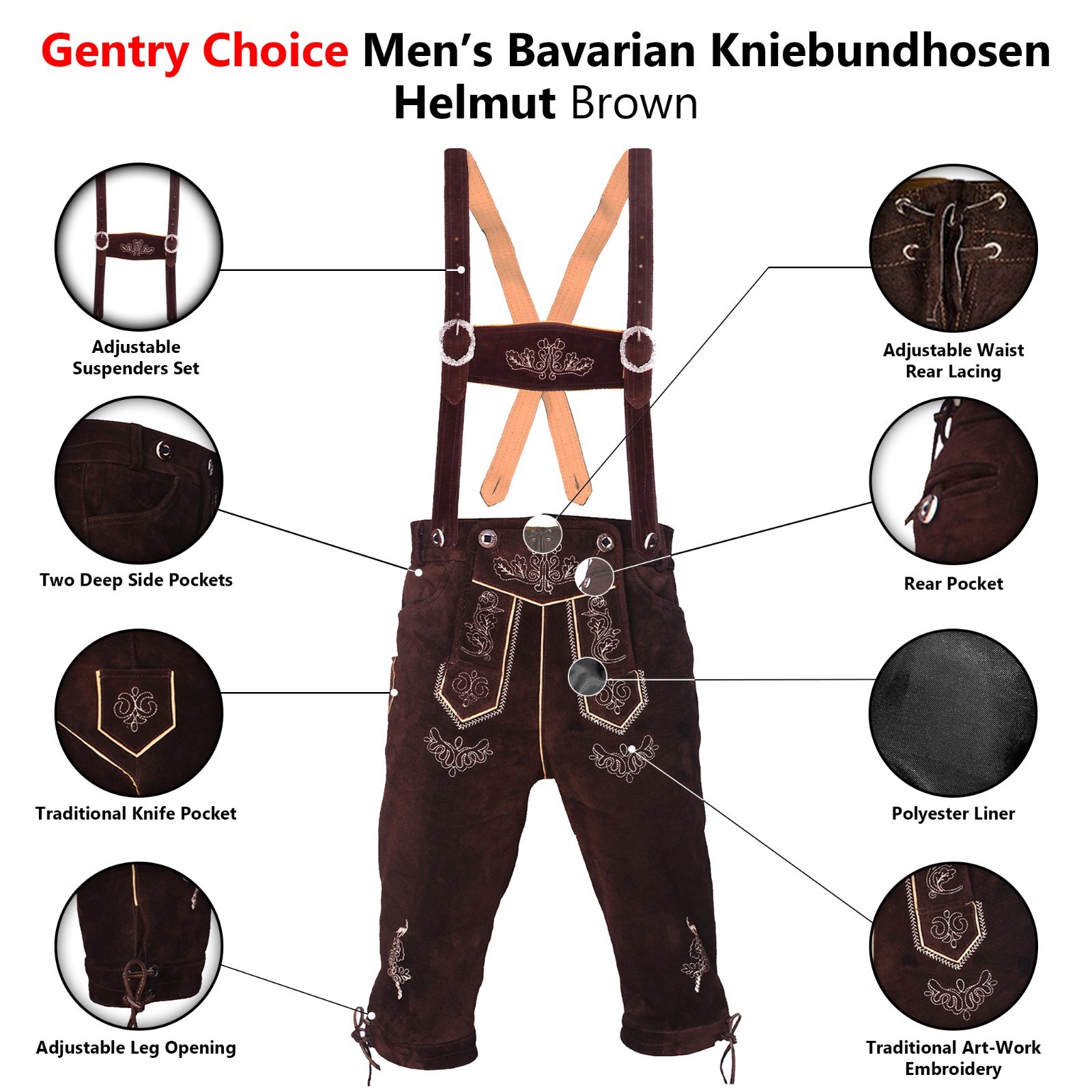 Mens Suede Leather Kniebundhosen Lederhosen Oktoberfest Costume Suspenders