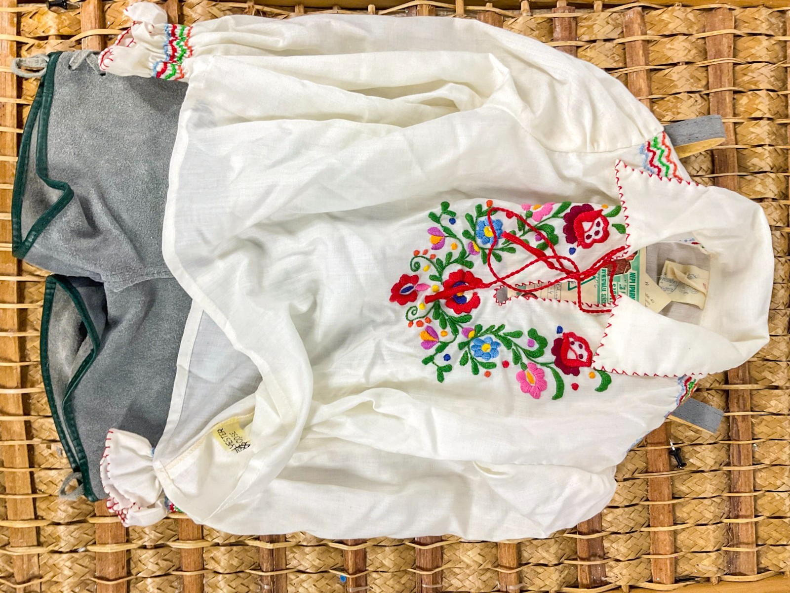 Vintage Hungarian Folk Costume Child Embroidered Lederhosen Set Suede EU