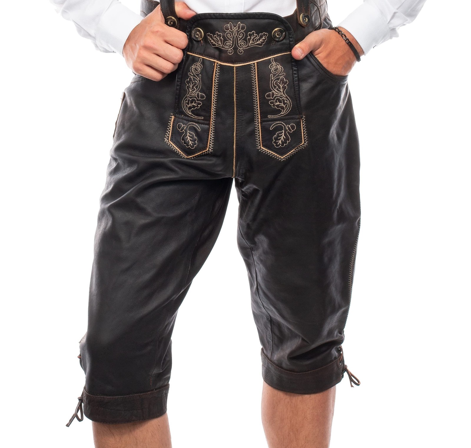 Traditional Lederhosen Men’s CapriLength Dark Brown – Size 50 – Oktoberfest