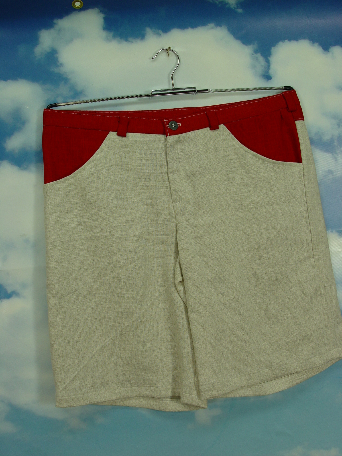 Upcycling Pants Herren Shorts rote Taschen aus Leinen kurze Hose UCS006 Gr.54