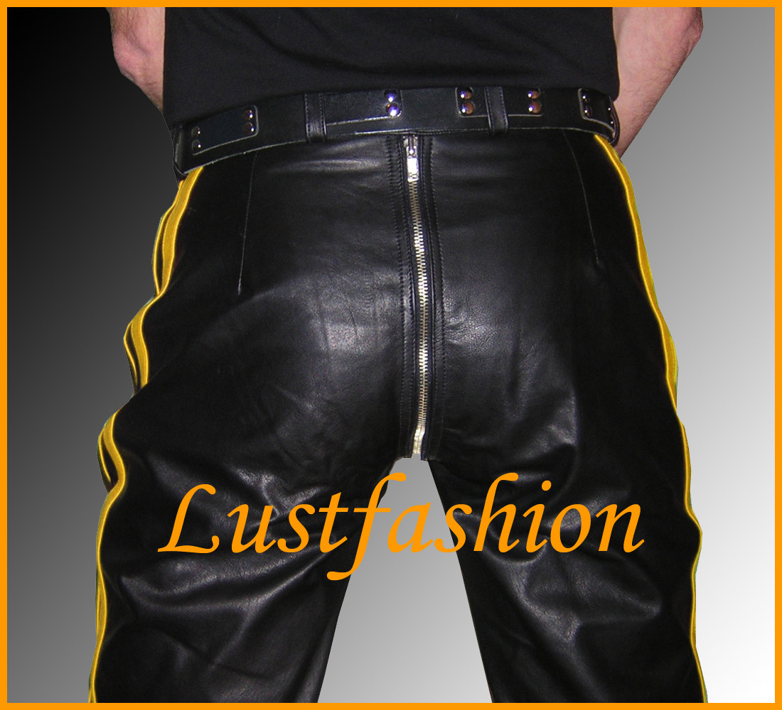 Lederhose schwarz gelb Hose Lederjeans NEU Cod piece leather pants trousers new