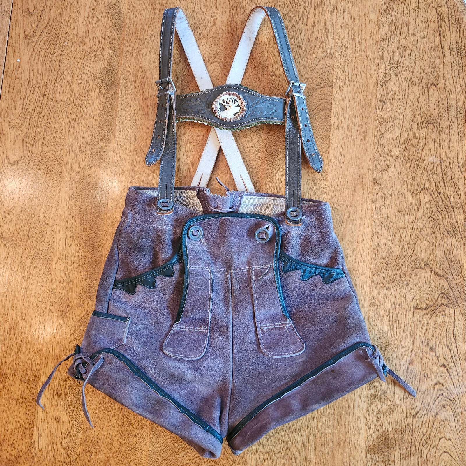Vintage German Oktoberfest LEDERHOSEN Child Size Shorts Suspenders Leather