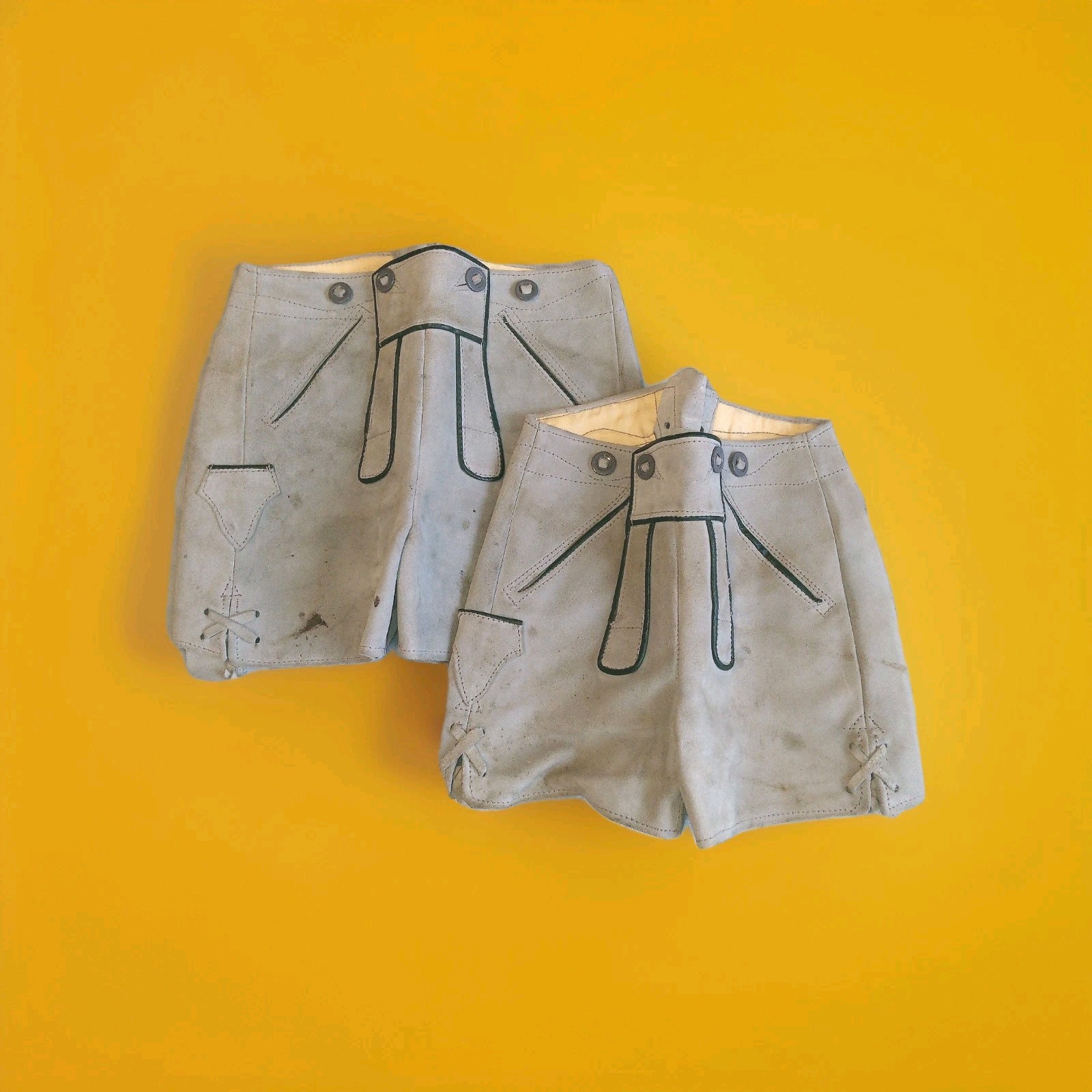 2 Pair Of Childrens Lederhosen Oktoberfest Shorts. Size 26 & 30. Gray & Green Tr