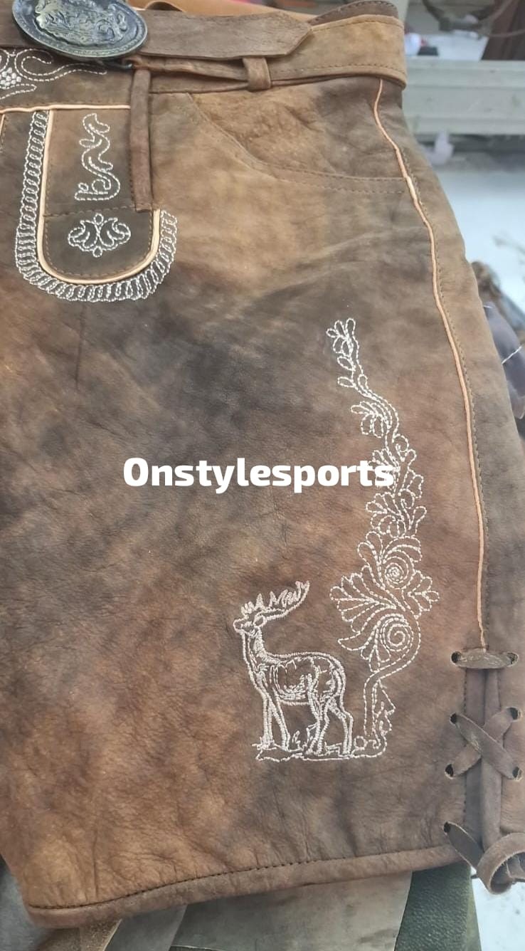 Oktoberfest Lederhosen Men Genuine Suede Leather Shorts Bavarian Costume