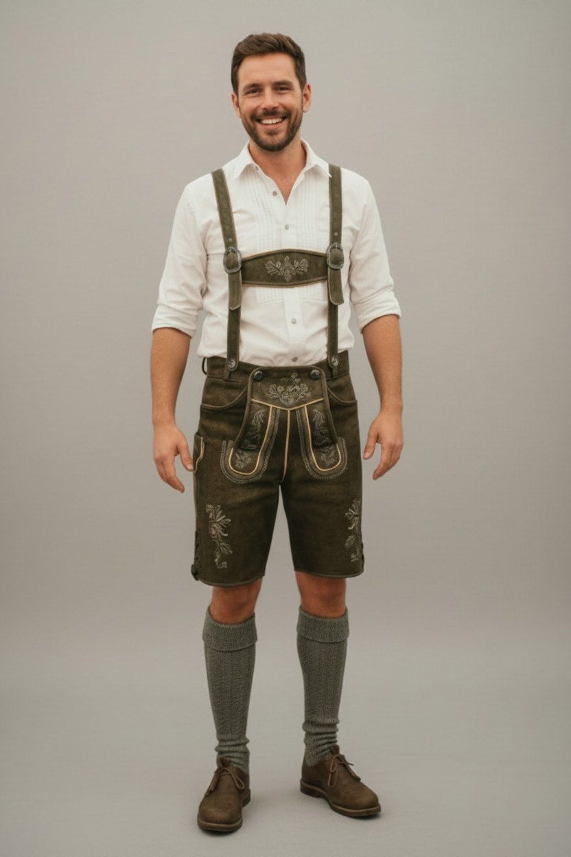 Lederhosen Men Octorberfest Real Suede Leather Olive Beige Antique Distressed