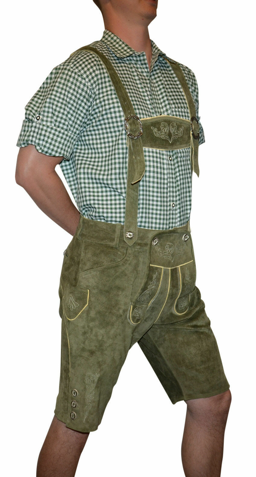 Lederhosen Leather Shorts German Oktoberfest Pants S M L XL 2XL Green EMBROIDERY