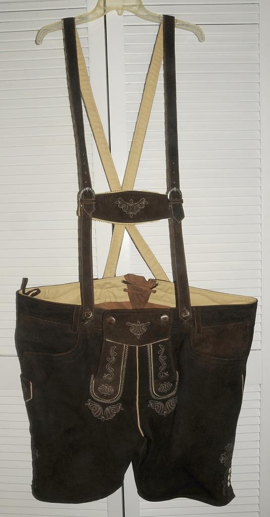 Almsach ~ Dark Brown – Leather / Suede – Embroidered Shorts Lederhosen sz 34